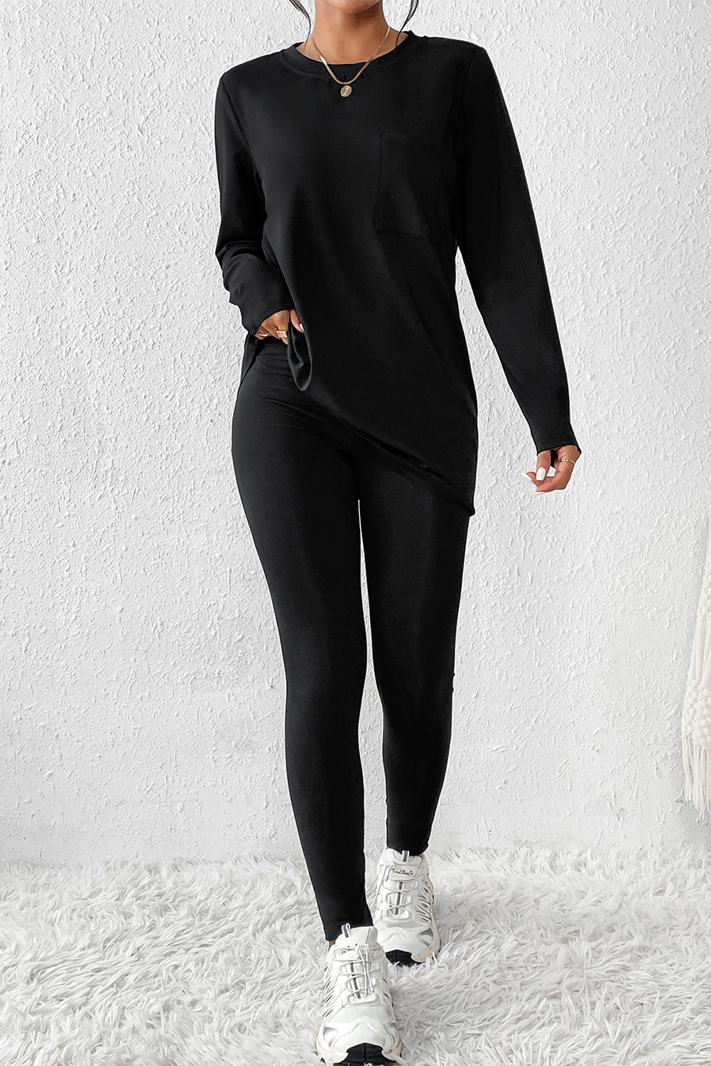 Round Neck Long Sleeve Top and Skinny Pants Set - Tantalize Boutique