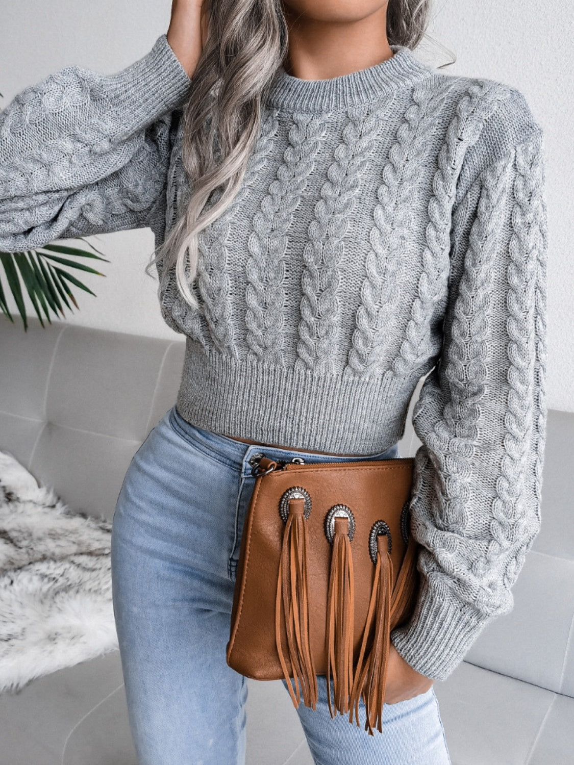 Cable-Knit Round Neck Sweater - Tantalize Boutique