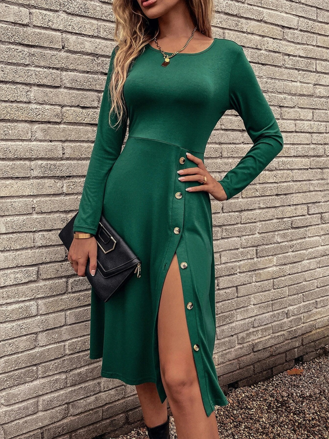 Slit Buttoned Round Neck Long Sleeve Dress - Tantalize Boutique