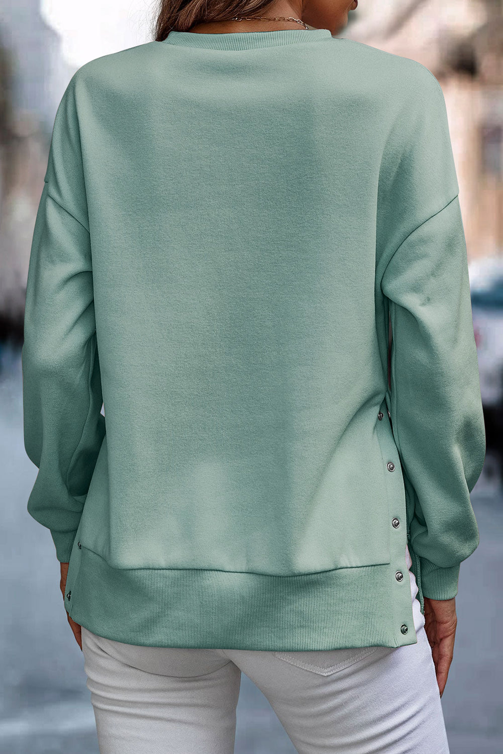 Snap Detail Round Neck Dropped Shoulder Sweatshirt - Tantalize Boutique