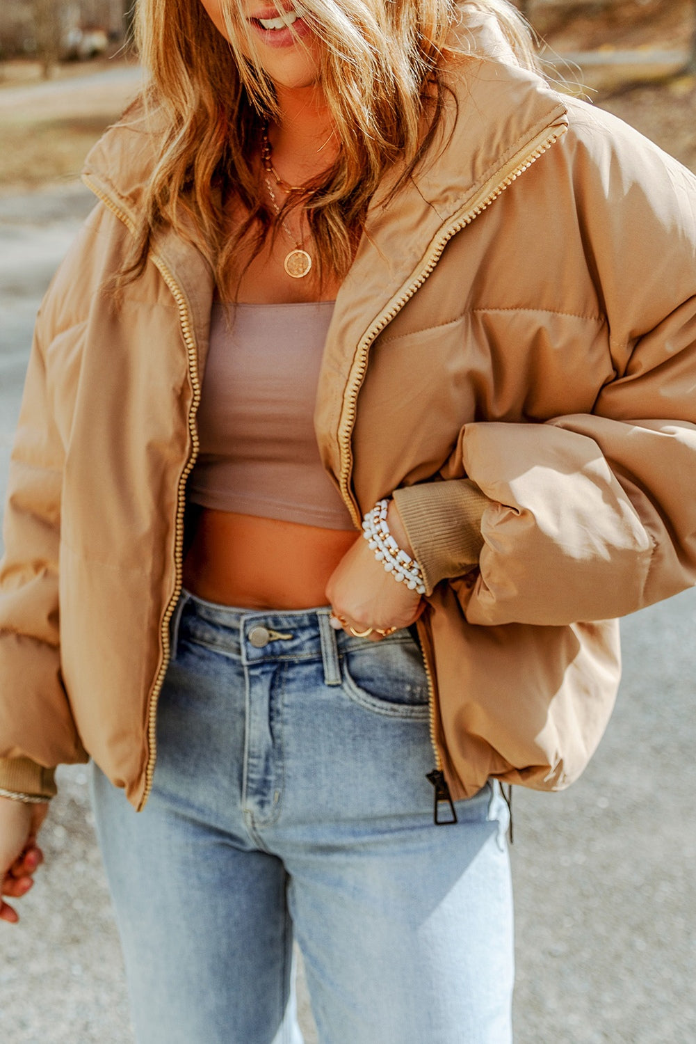 Zip Up Collared Neck Coat with Pockets - Tantalize Boutique