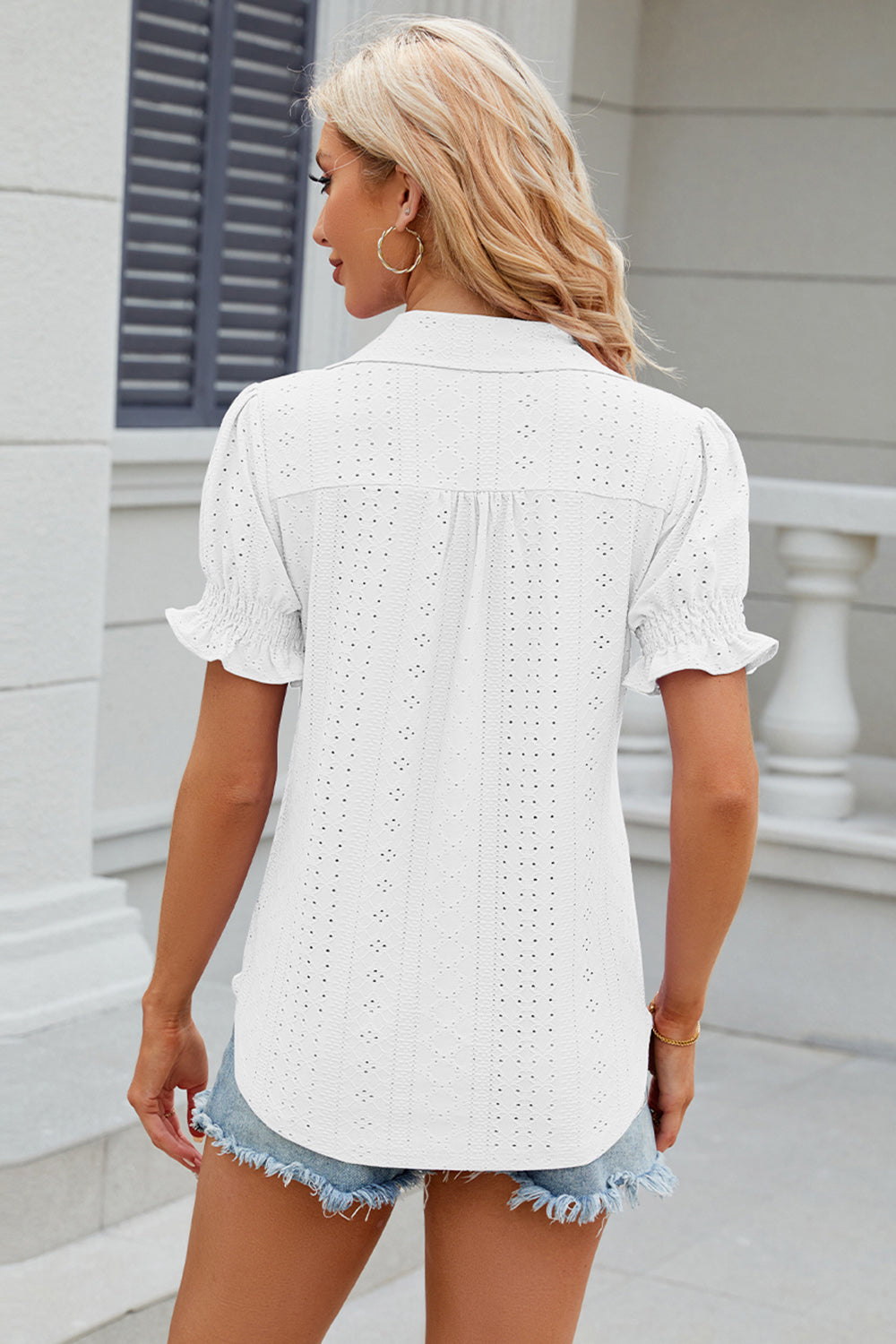 Eyelet Johnny Collar Short Sleeve Blouse - Tantalize Boutique