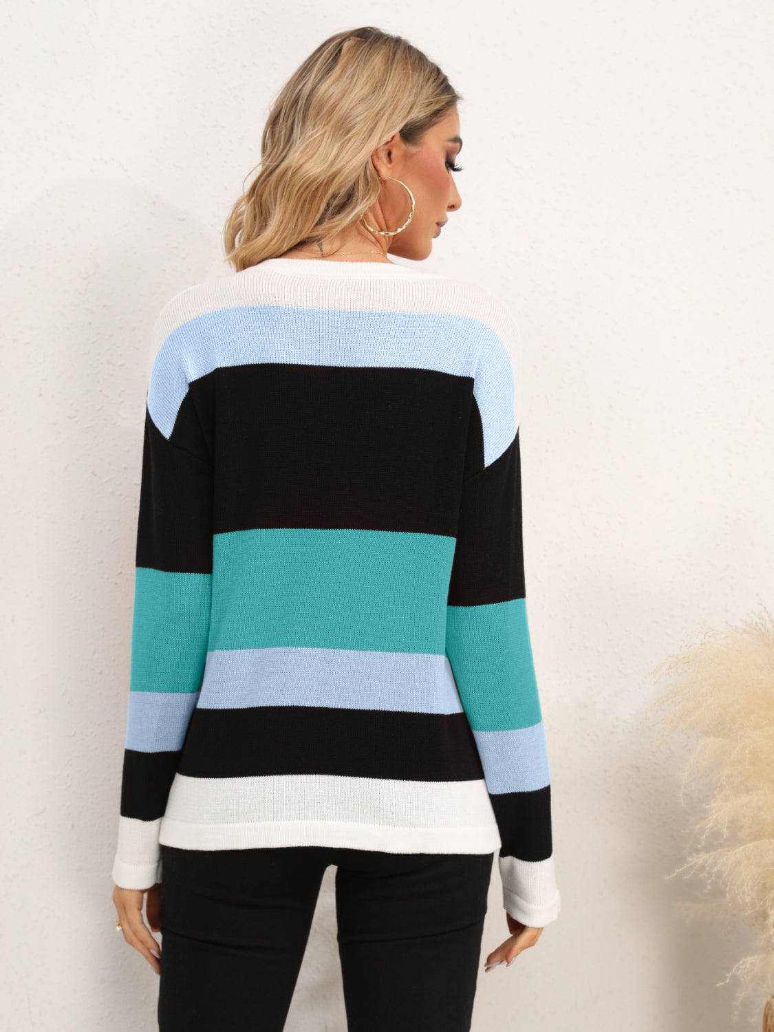 Striped Round Neck Dropped Shoulder Sweater - Tantalize Boutique