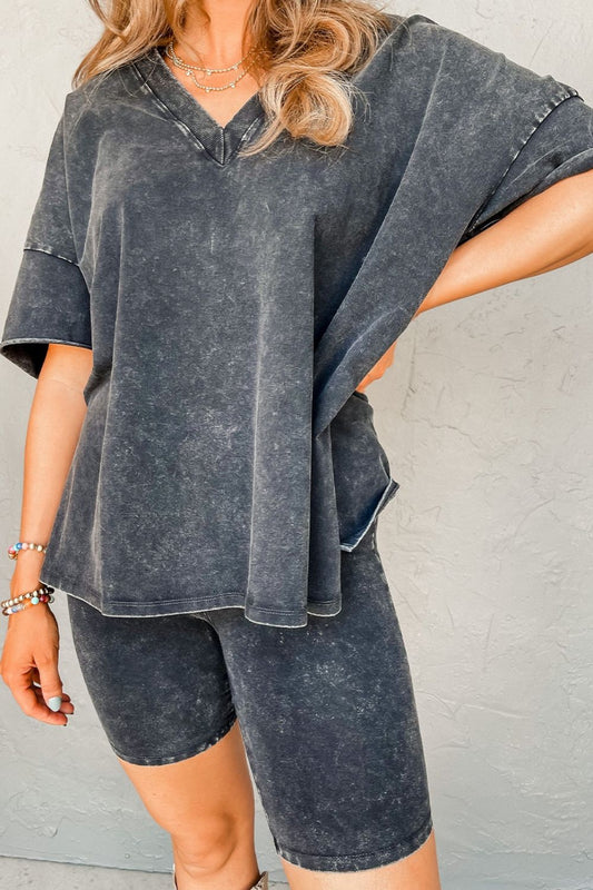 V-Neck Dropped Shoulder Top and Shorts Set - Tantalize Boutique
