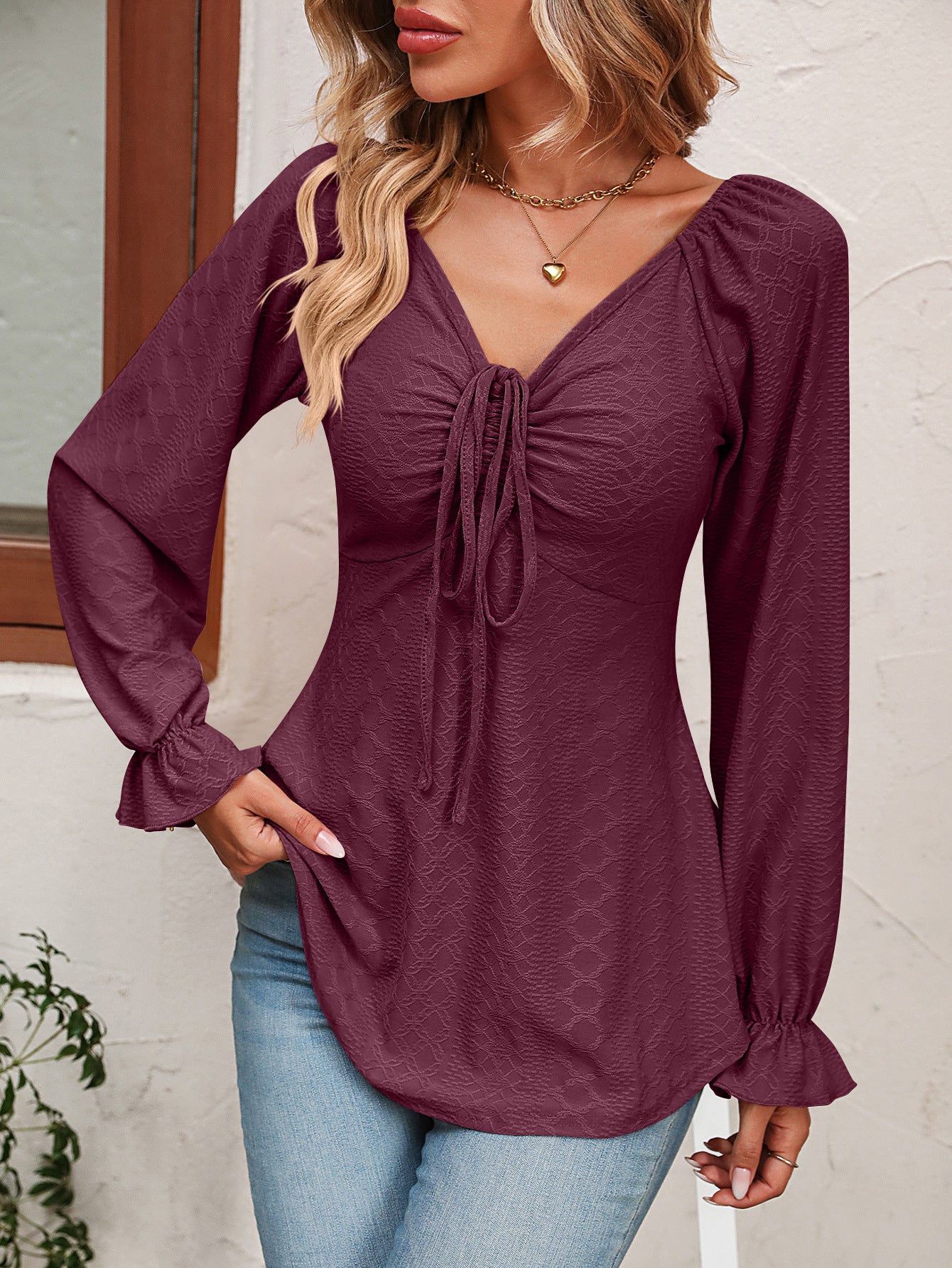 Tie Front V-Neck Puff Sleeve Blouse - Tantalize Boutique