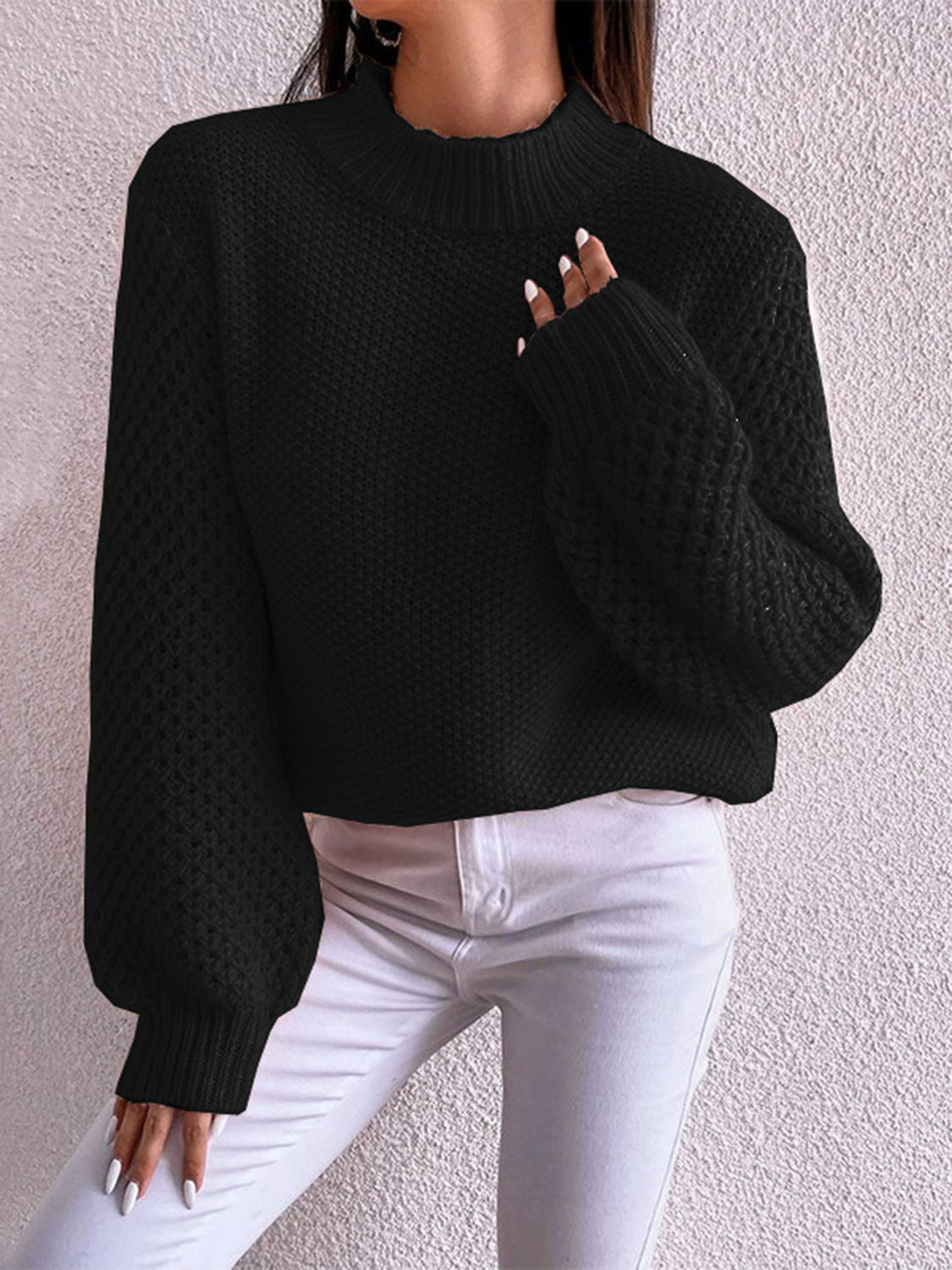 Openwork Mock Neck Long Sleeve Sweater - Tantalize Boutique