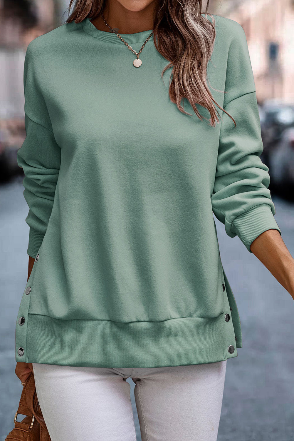 Snap Detail Round Neck Dropped Shoulder Sweatshirt - Tantalize Boutique