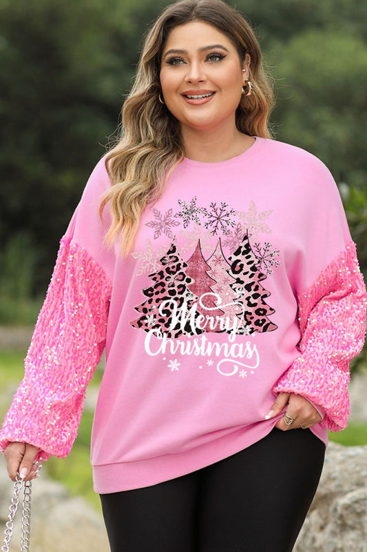 Plus Size MERRY CHRISTMAS Sequin Long Sleeve Sweatshirt - Tantalize Boutique