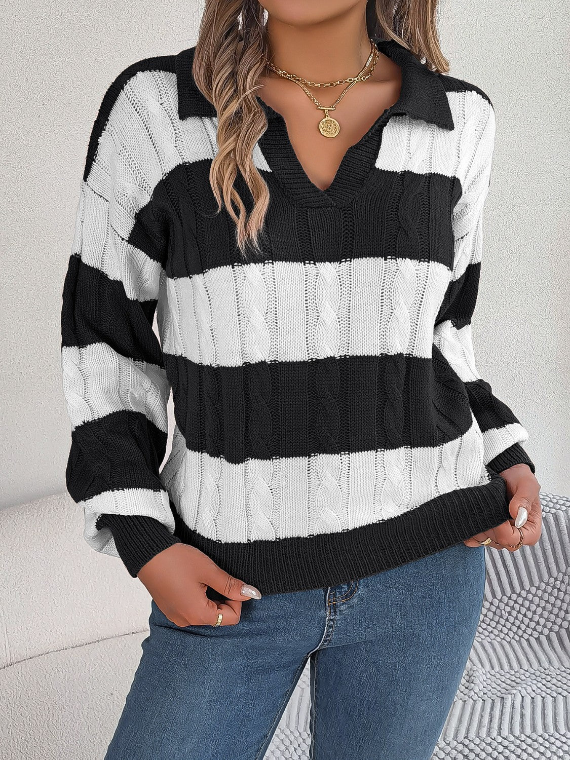 Cable-Knit Striped Long Sleeve Sweater - Tantalize Boutique