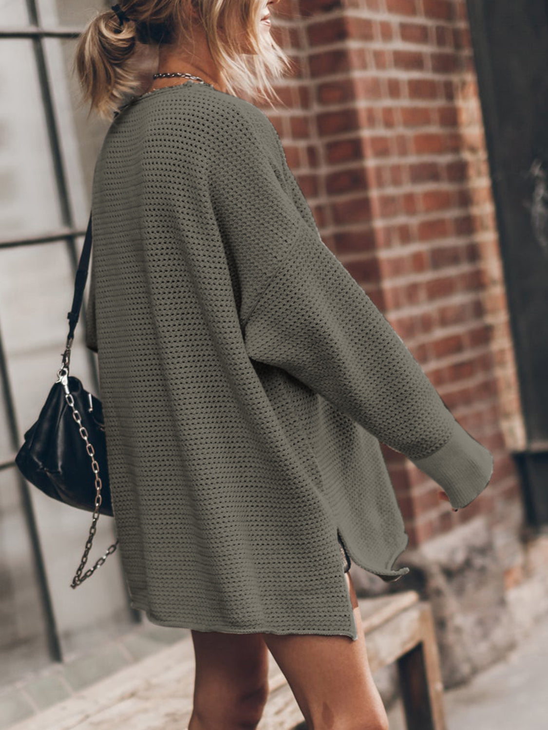 Openwork Round Neck Long Sleeve Slit Sweater - Tantalize Boutique