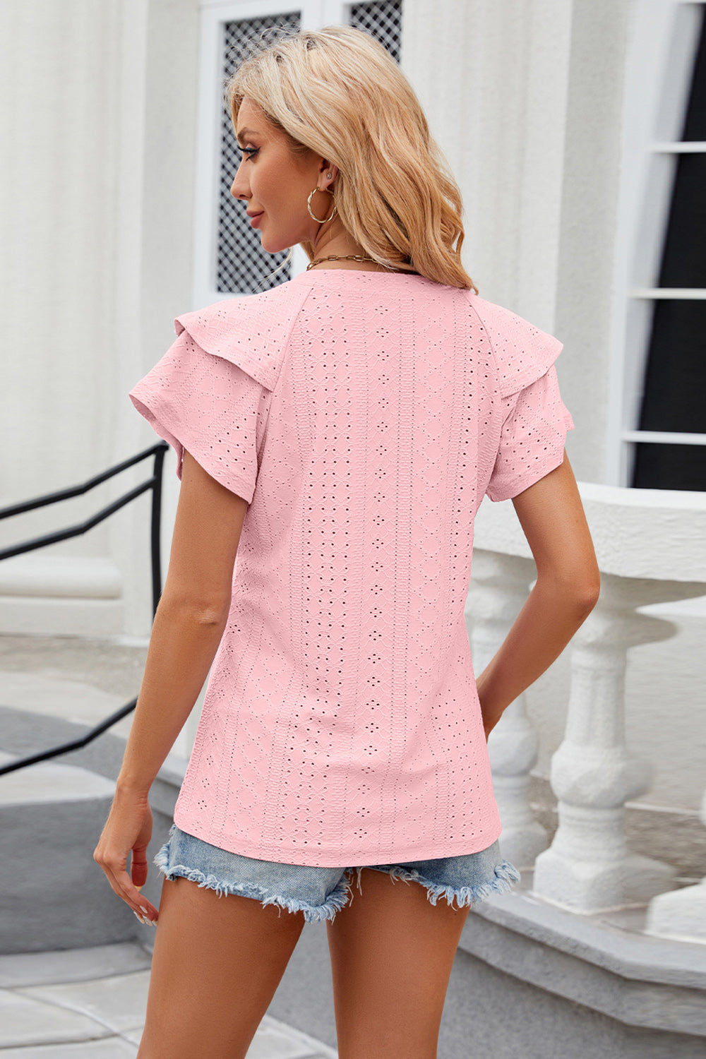 Eyelet Notched Short Sleeve T-Shirt - Tantalize Boutique
