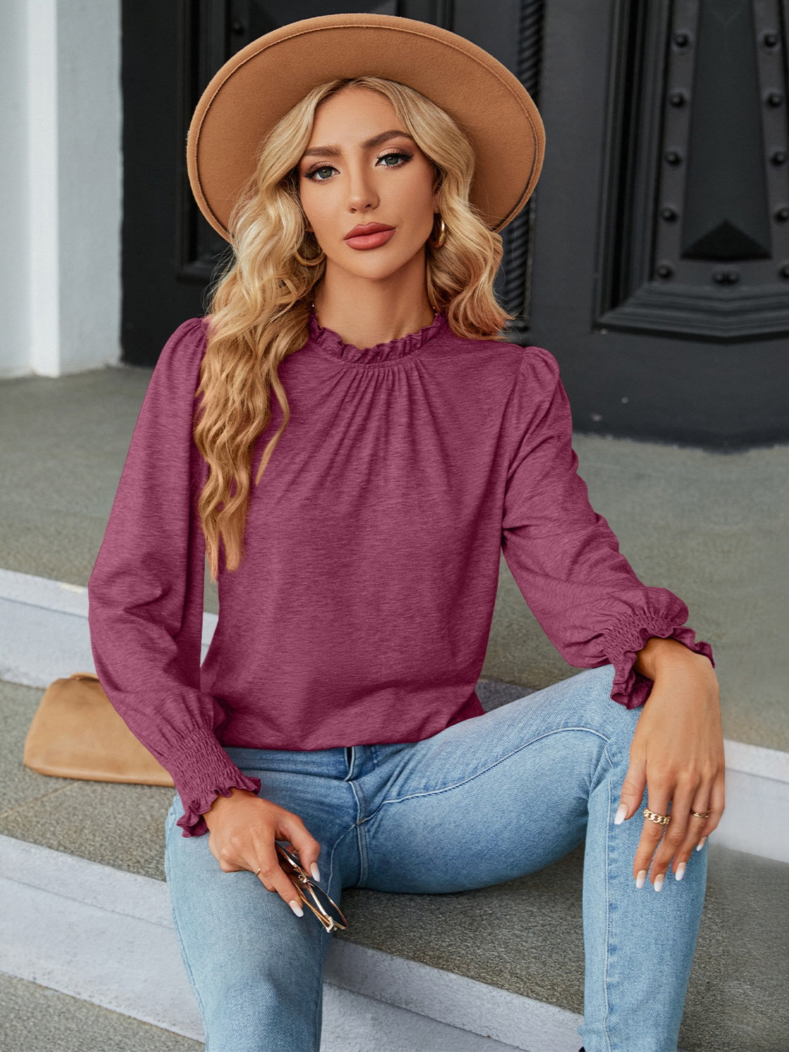 Frill Mock Neck Long Sleeve Blouse - Tantalize Boutique