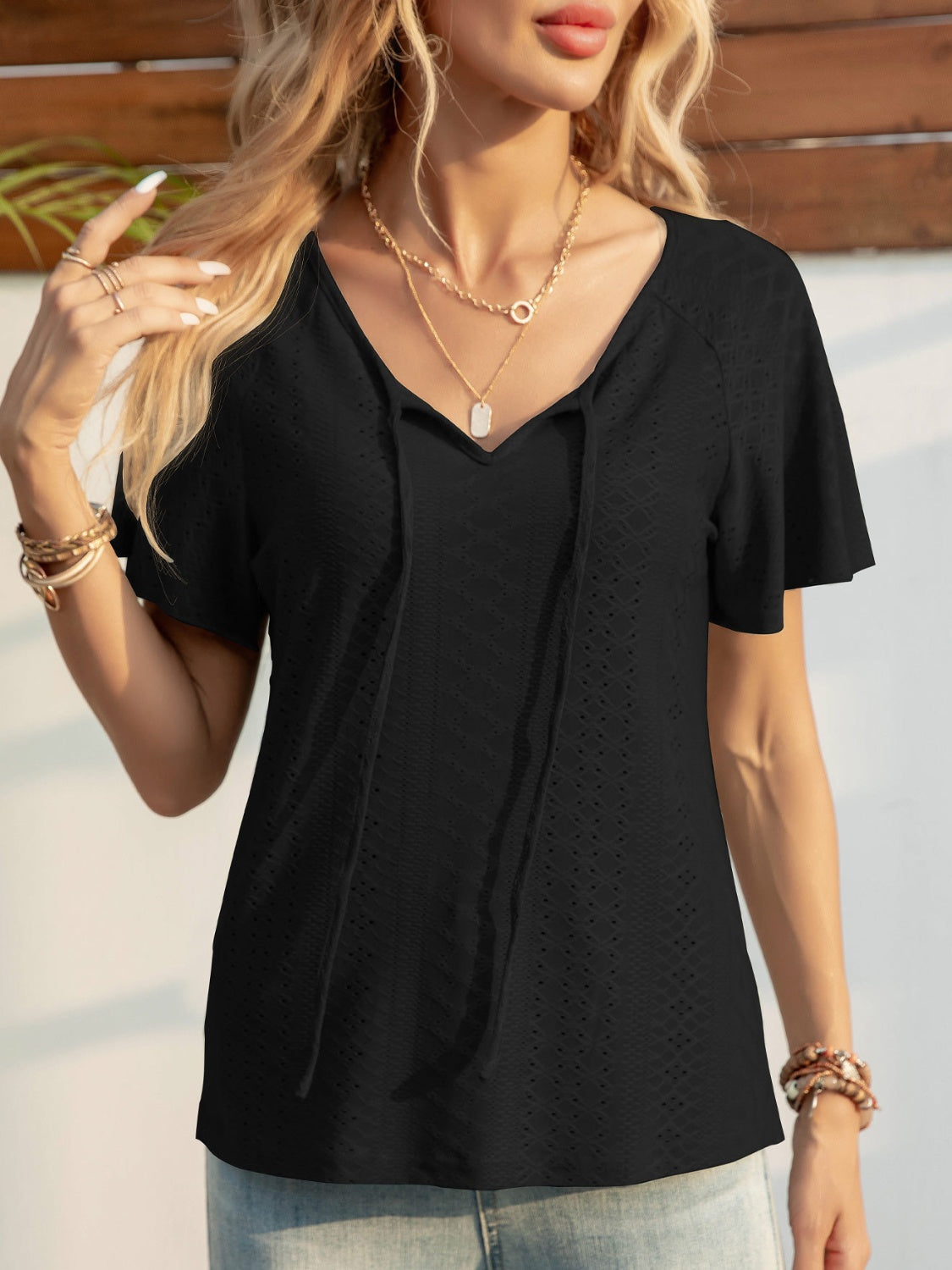 Eyelet Tie Neck Short Sleeve T-Shirt - Tantalize Boutique