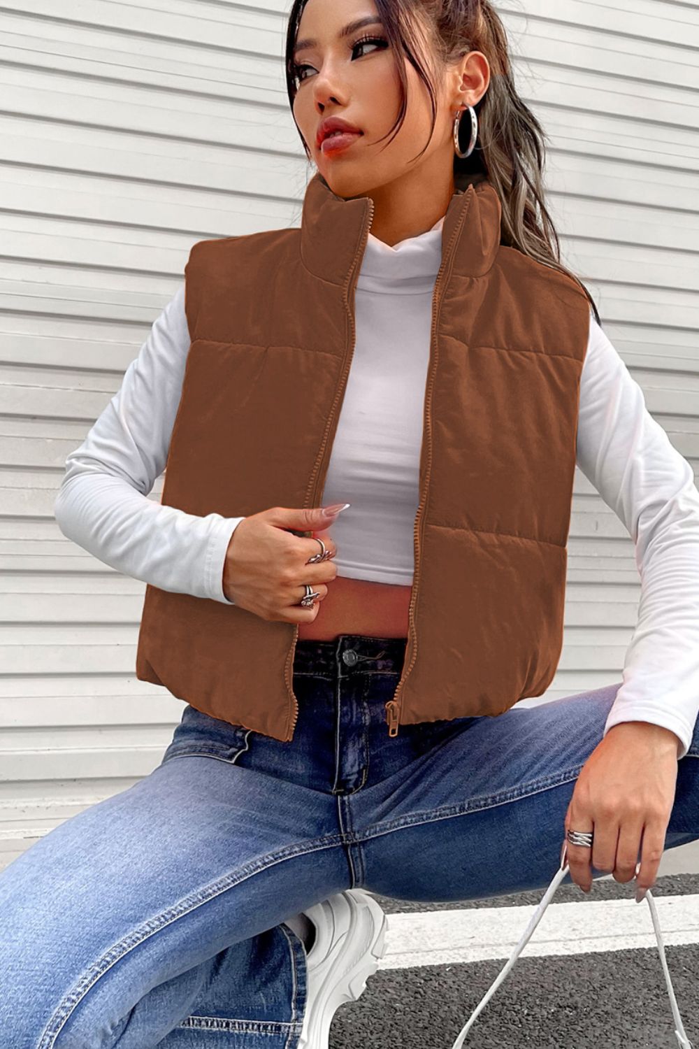 Zip Up Turtleneck Vest Coat - Tantalize Boutique