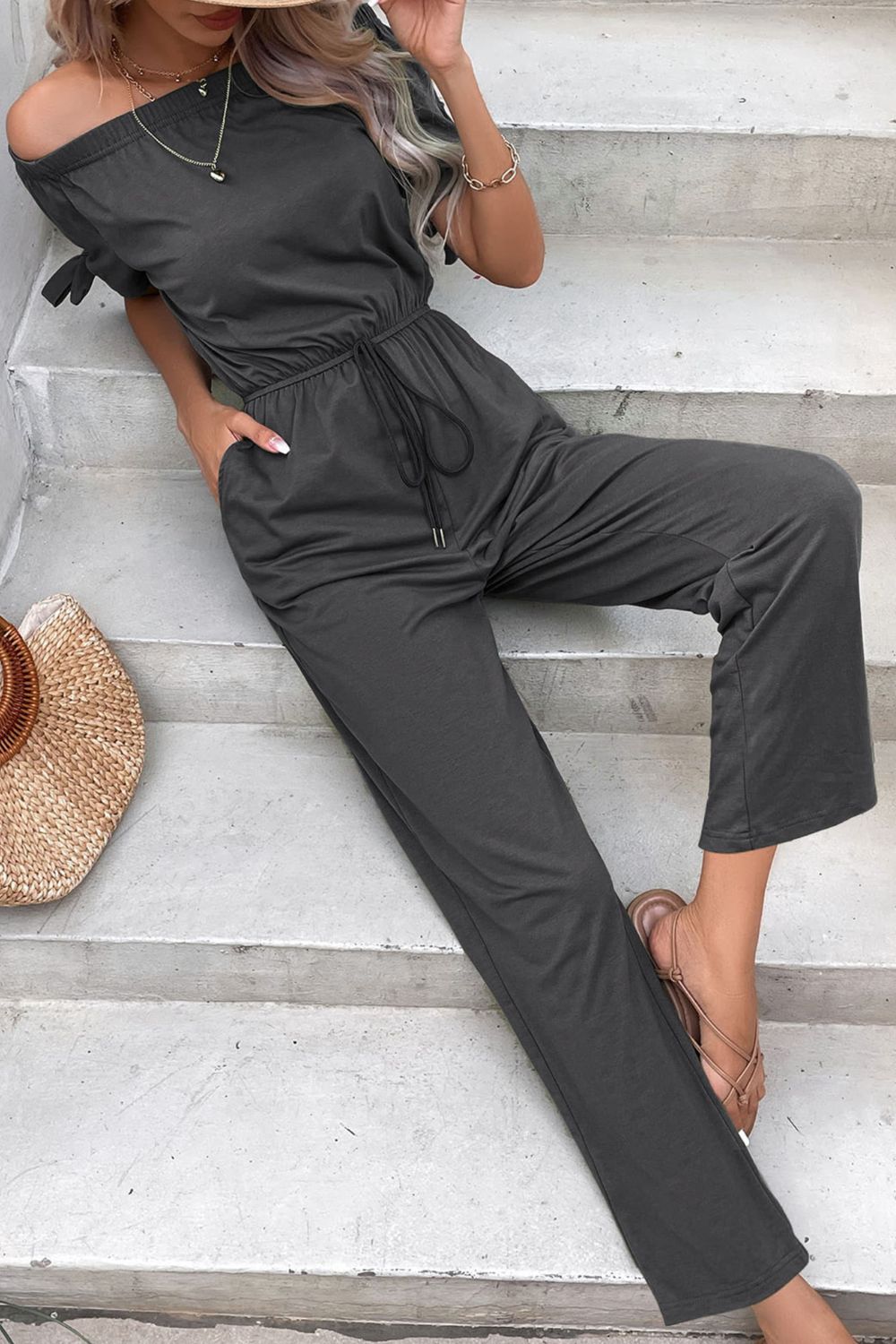 Off-Shoulder Tie Cuff Jumpsuit with Pockets - Tantalize Boutique