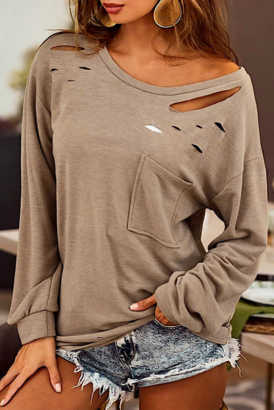 Distressed Pocketed Round Neck Long  Sleeve T-Shirt - Tantalize Boutique