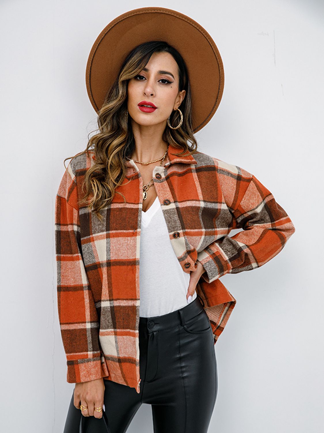 Plaid Button Up Collared Neck Jacket - Tantalize Boutique
