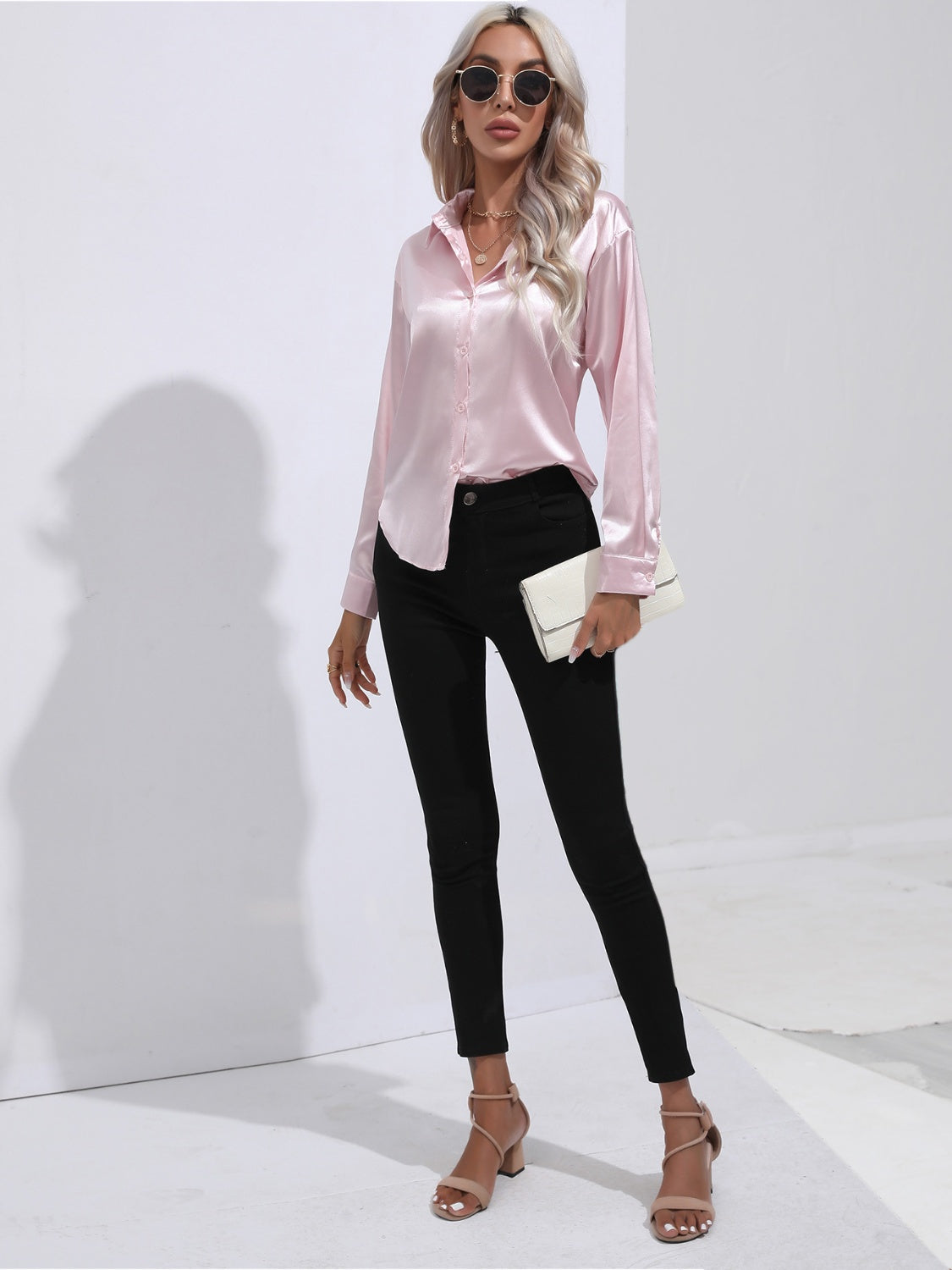 Collared Neck Buttoned Long Sleeve Shirt - Tantalize Boutique