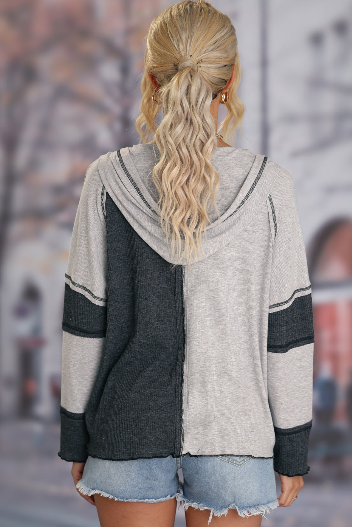 Multicolor Colorblock Ribbed Henley Hoodie - Tantalize Boutique