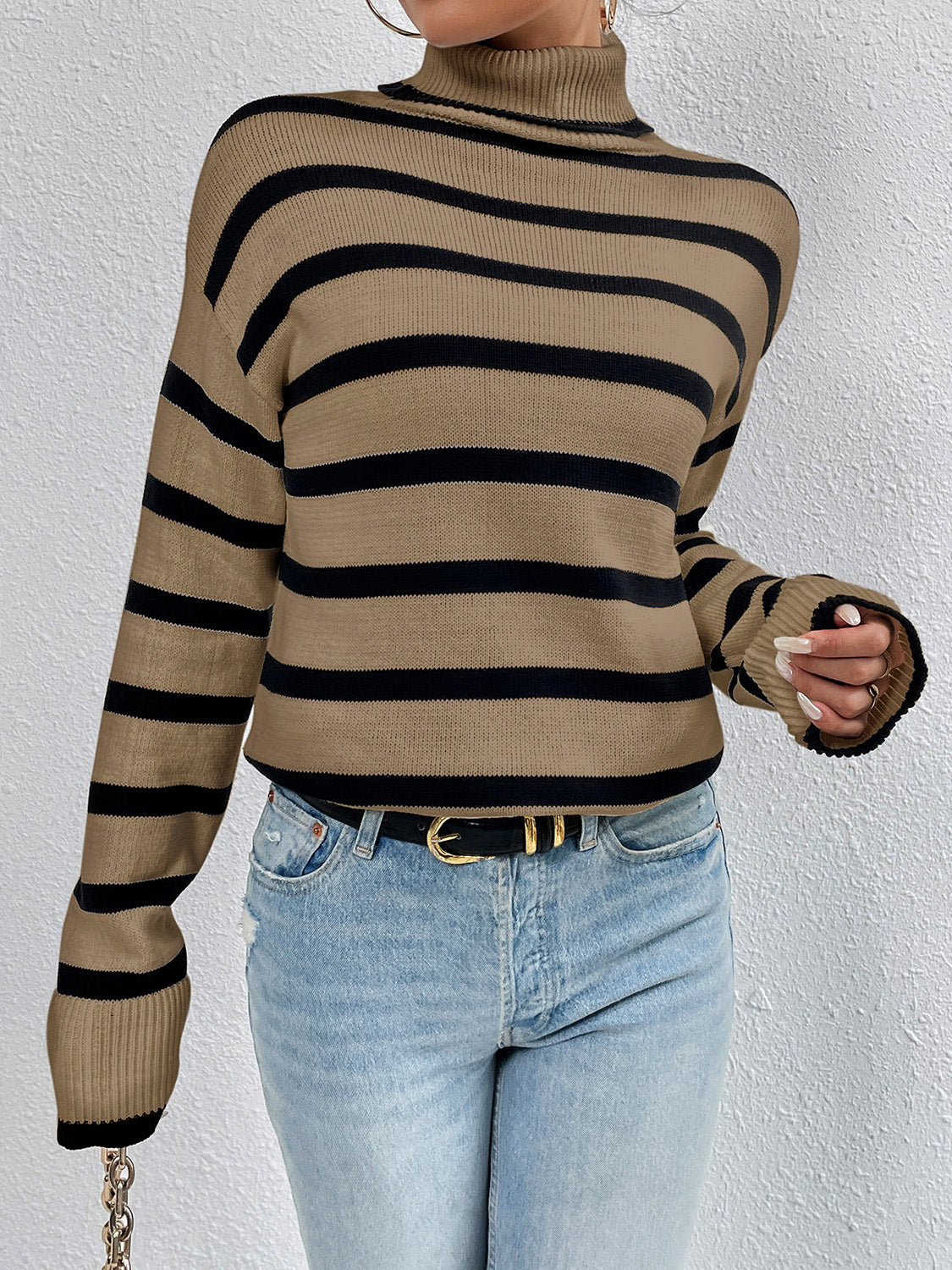 Striped Turtleneck Long Sleeve Sweater - Tantalize Boutique