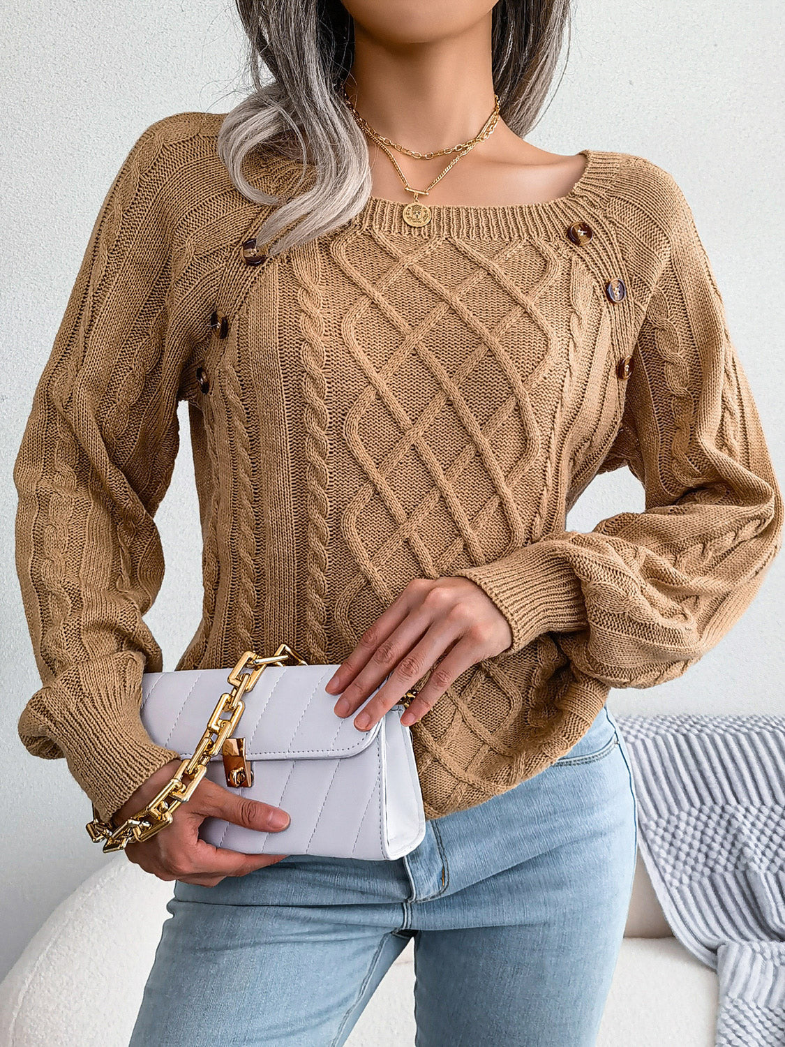 Decorative Button Cable-Knit Sweater - Tantalize Boutique