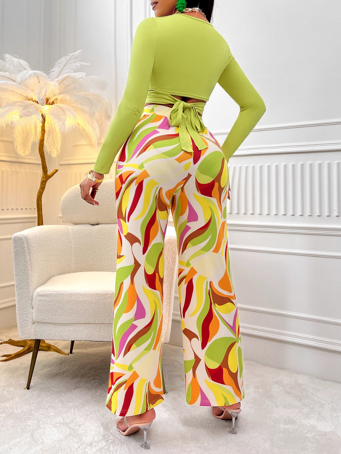 Crisscross Tied Top and Straight Leg Pants Set - Tantalize Boutique