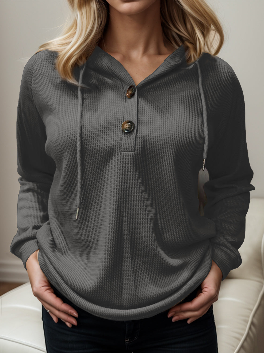 Waffle-Knit Drawstring Quarter Button Hoodie - Tantalize Boutique