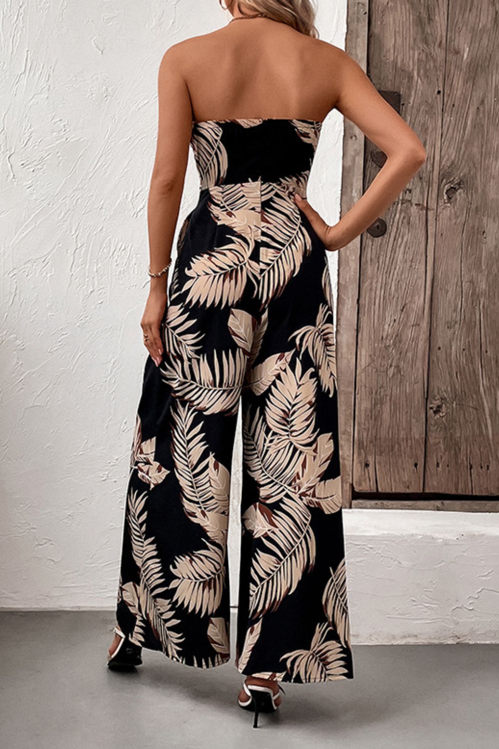 Printed Strapless Wide Leg Jumpsuit with Pockets - Tantalize Boutique