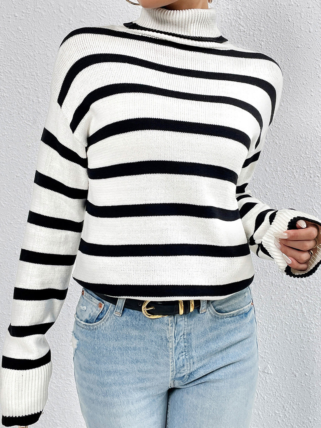 Striped Turtleneck Long Sleeve Sweater - Tantalize Boutique