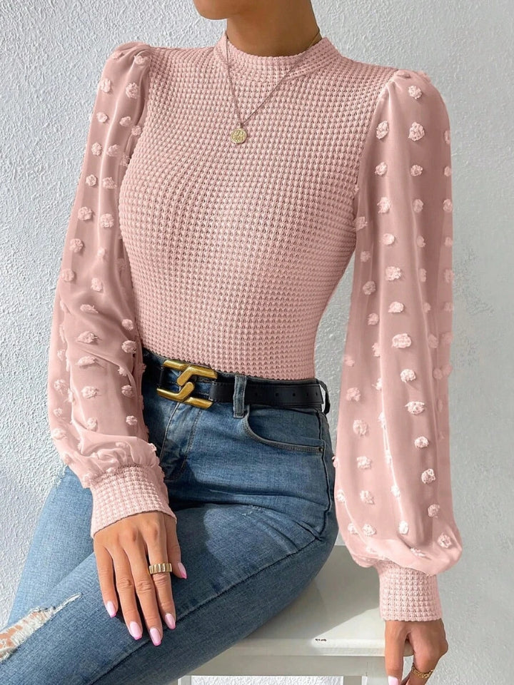 Swiss Dot Waffle-Knit Lantern Sleeve T-Shirt - Tantalize Boutique