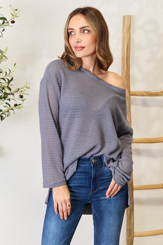 Basic Bae Waffle-Knit Round Neck Long Sleeve Slit Sweatshirt - Tantalize Boutique