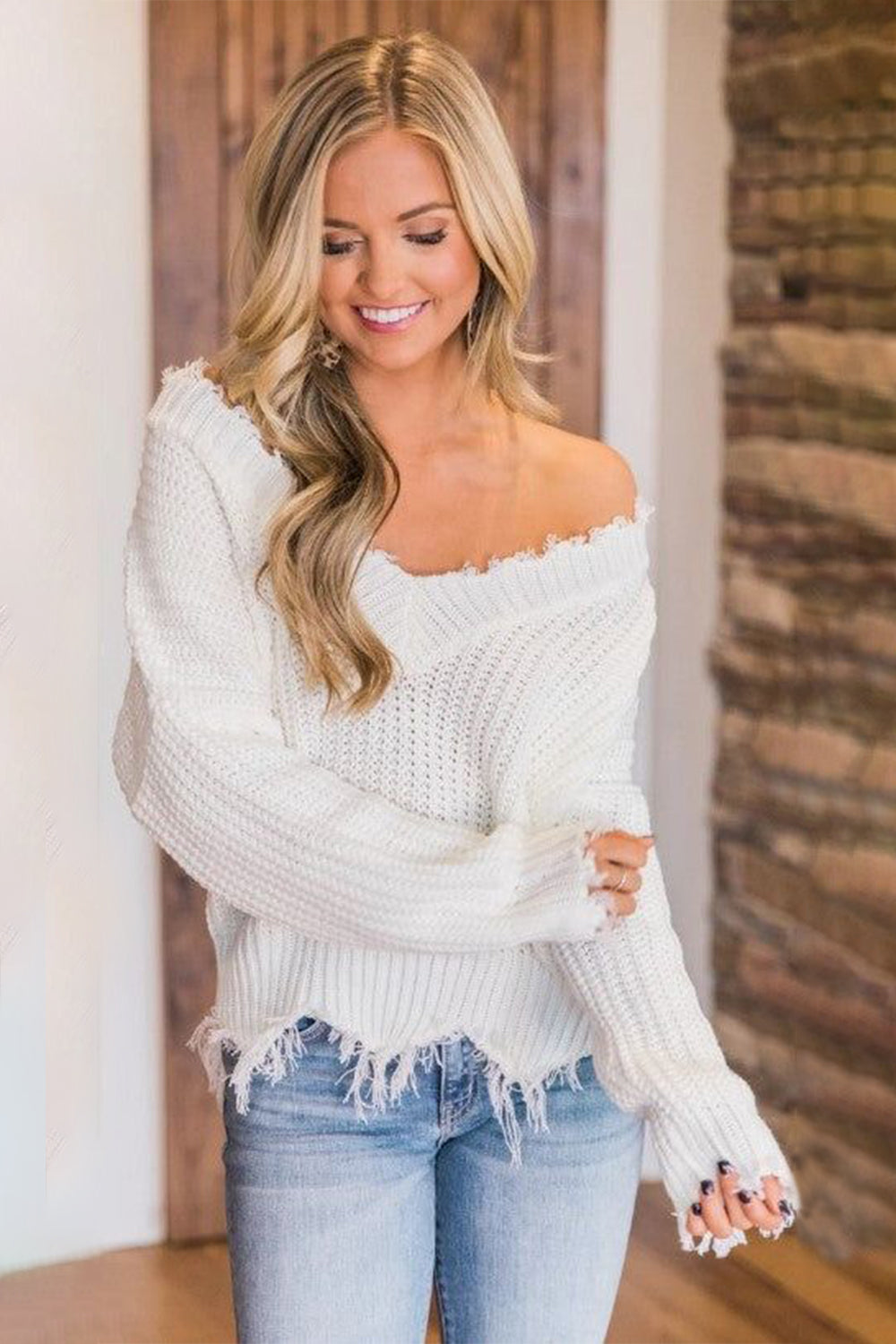 Frayed Hem Dropped Shoulder Sweater - Tantalize Boutique