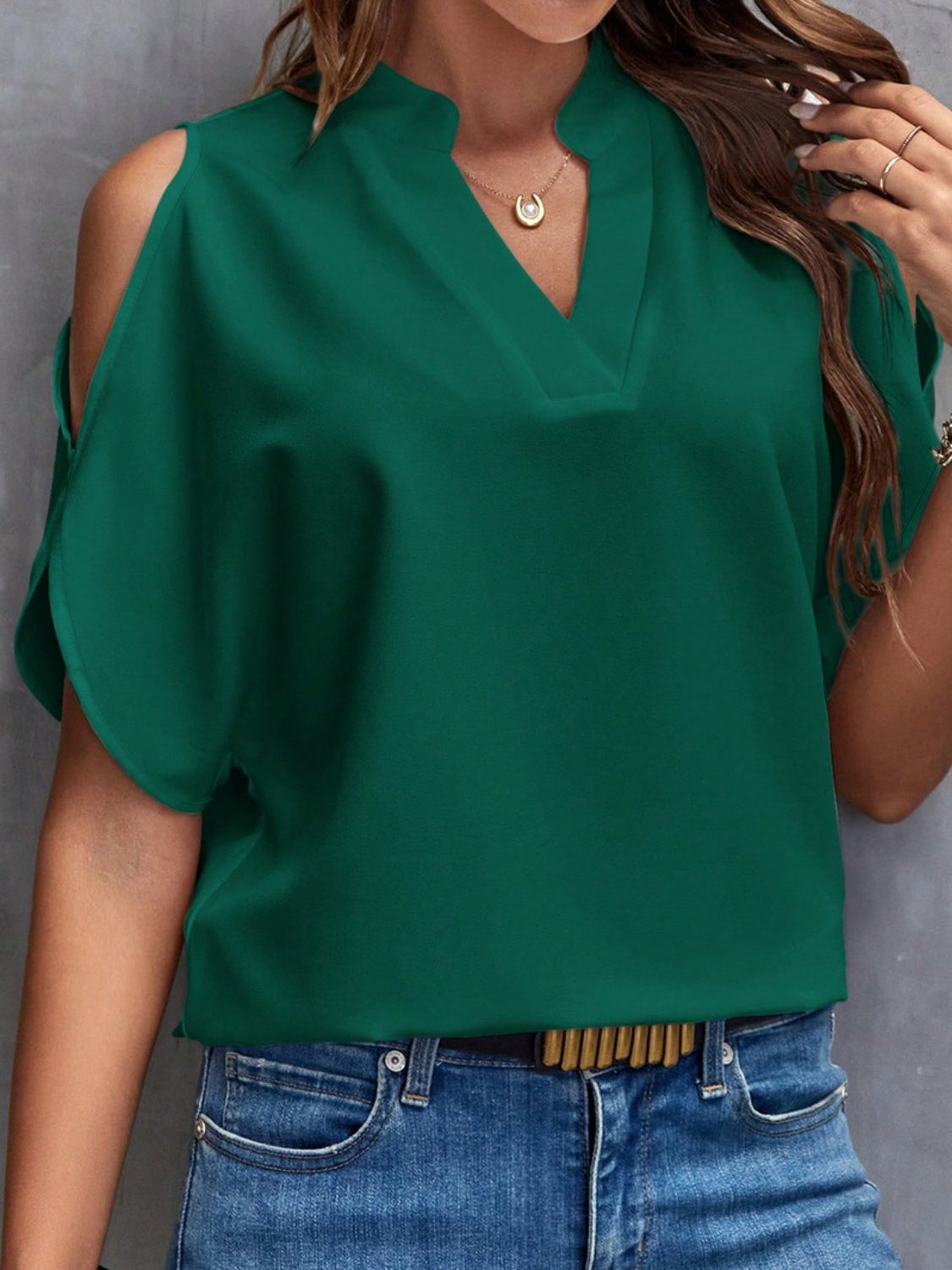 Notched Cold Shoulder Blouse - Tantalize Boutique