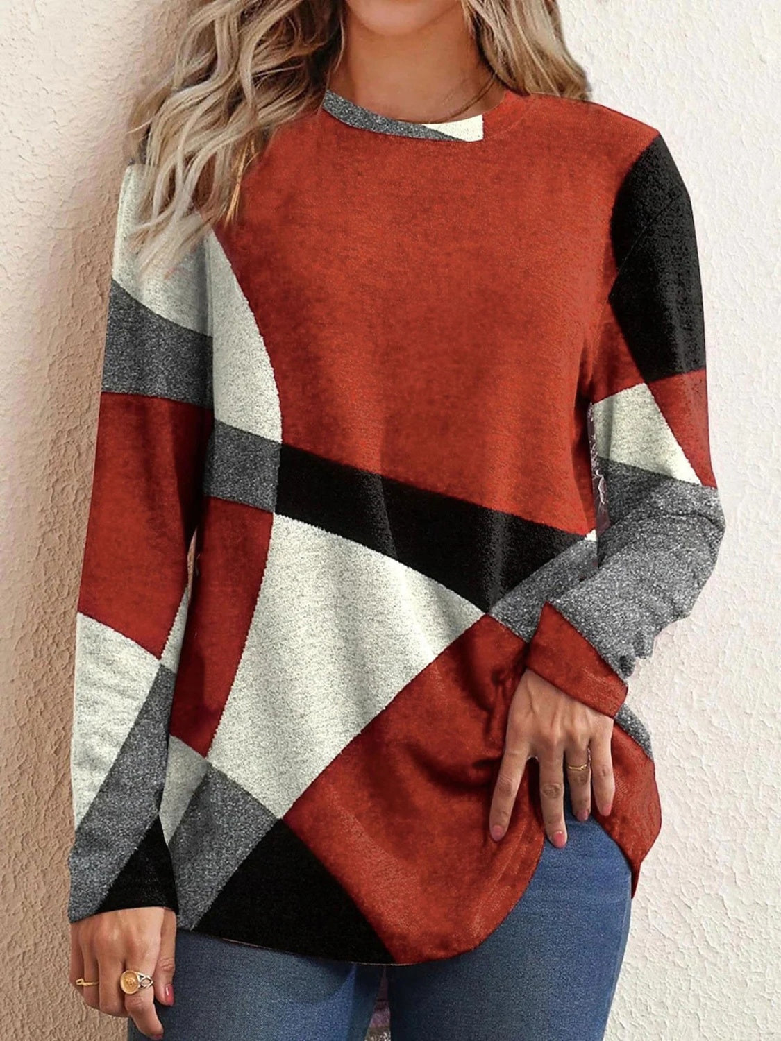 Geometric Round Neck Long Sleeve T-Shirt - Tantalize Boutique
