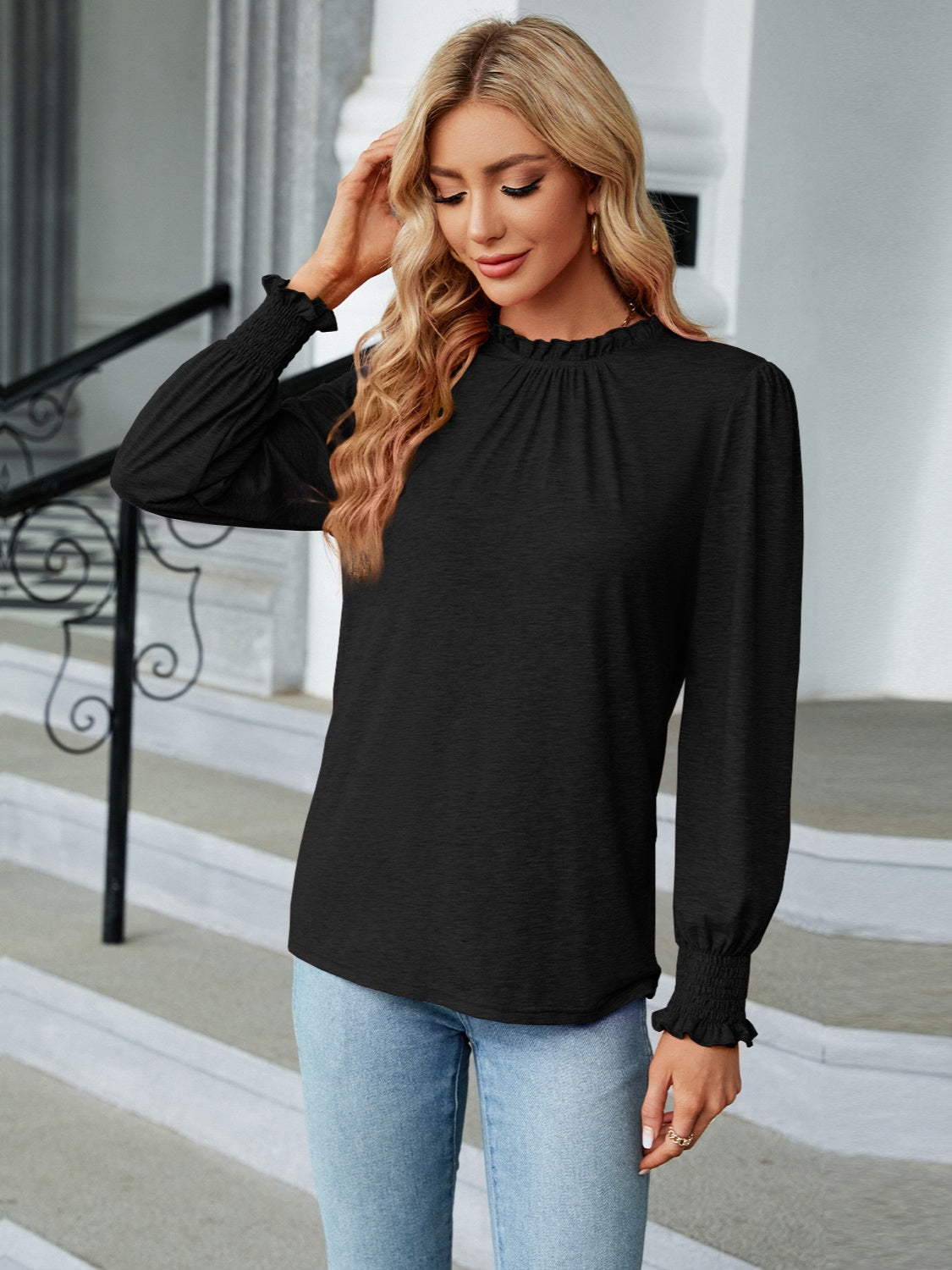 Frill Mock Neck Long Sleeve Blouse - Tantalize Boutique