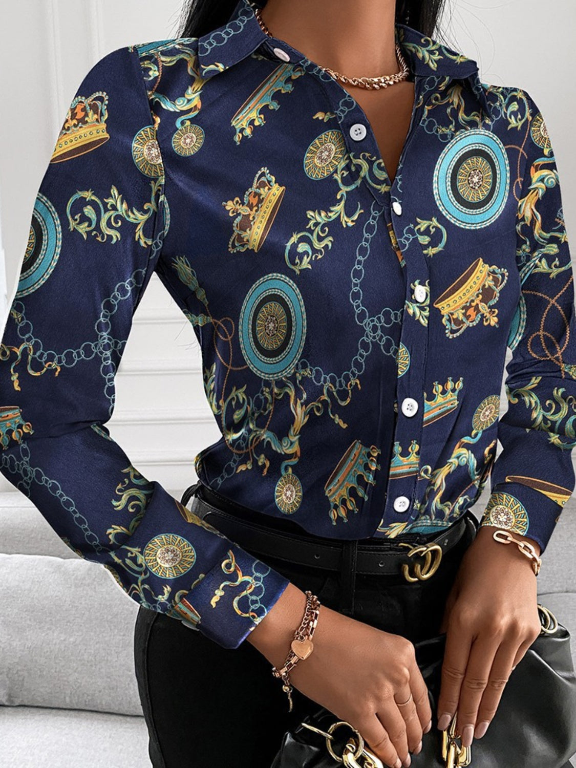 Printed Collared Neck Long Sleeve Shirt - Tantalize Boutique