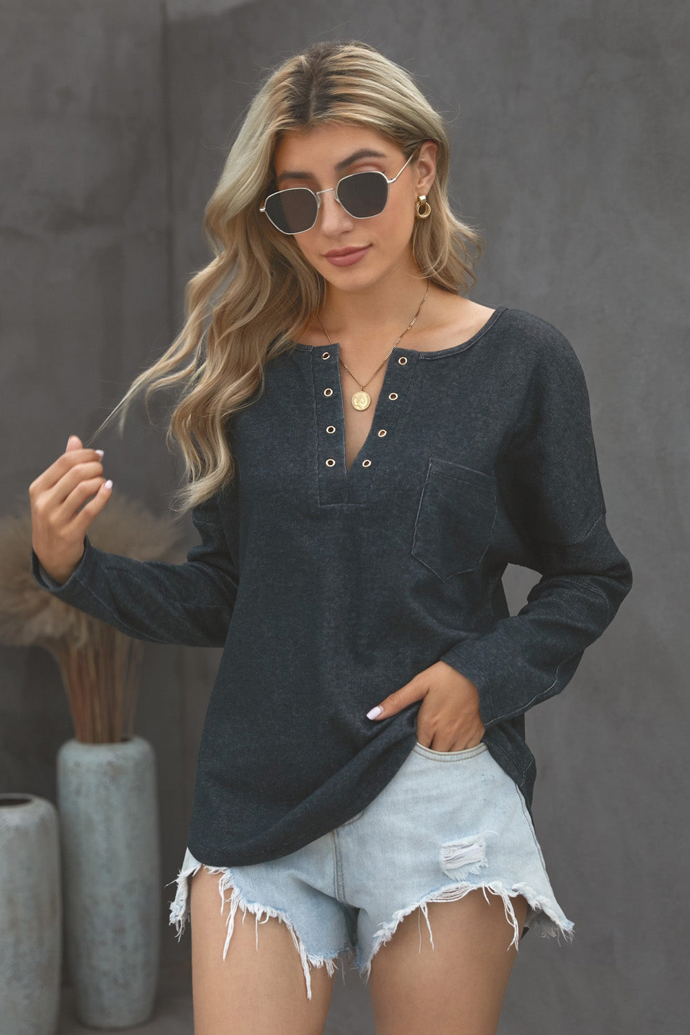 Grommet Long Sleeve V-Neck Top - Tantalize Boutique