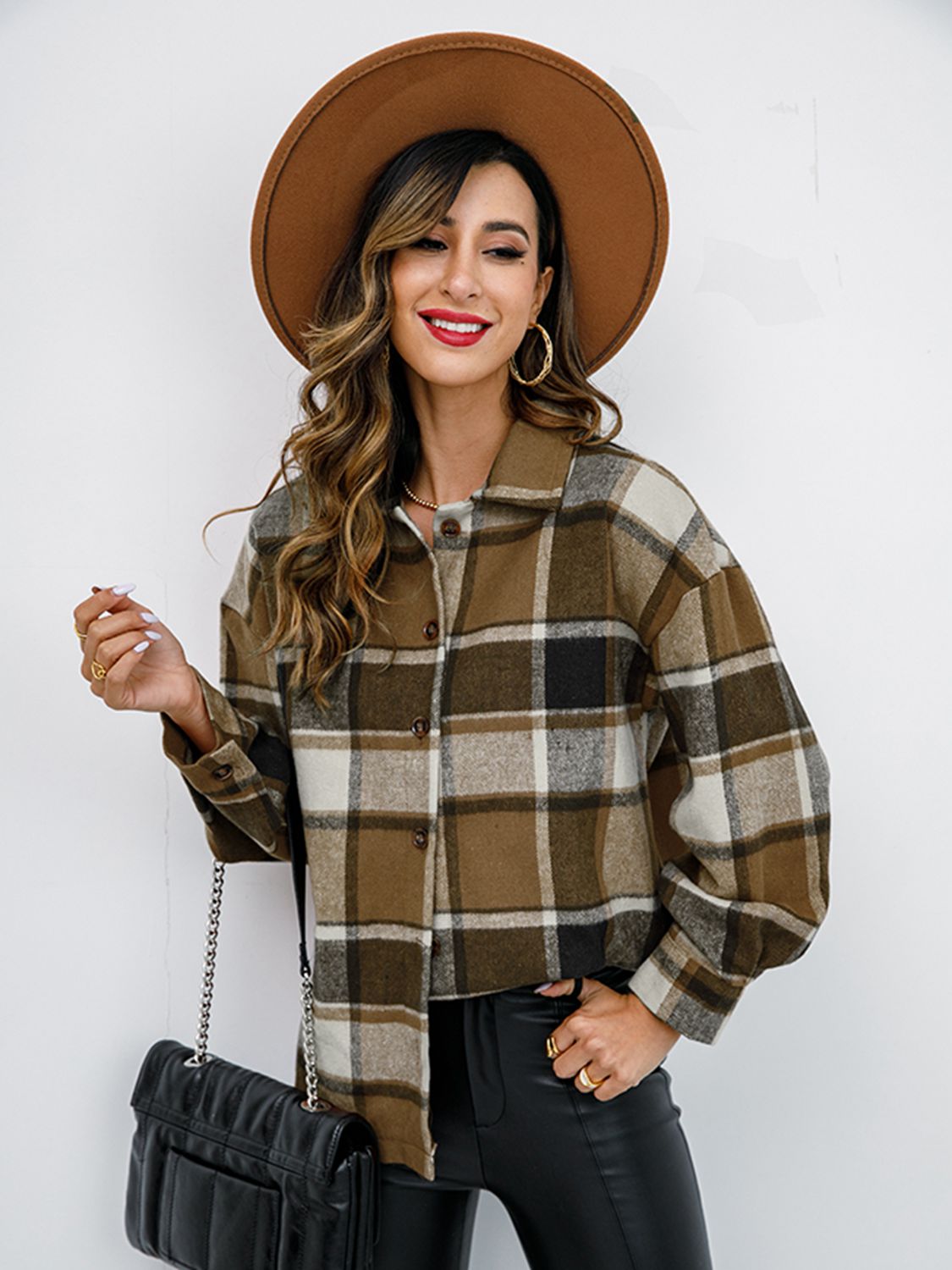 Plaid Button Up Collared Neck Jacket - Tantalize Boutique