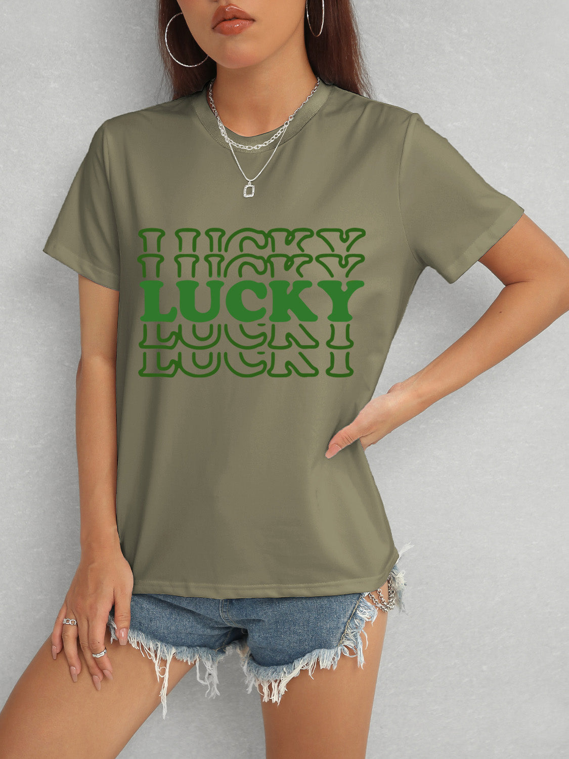 LUCKY Round Neck Short Sleeve T-Shirt - Tantalize Boutique