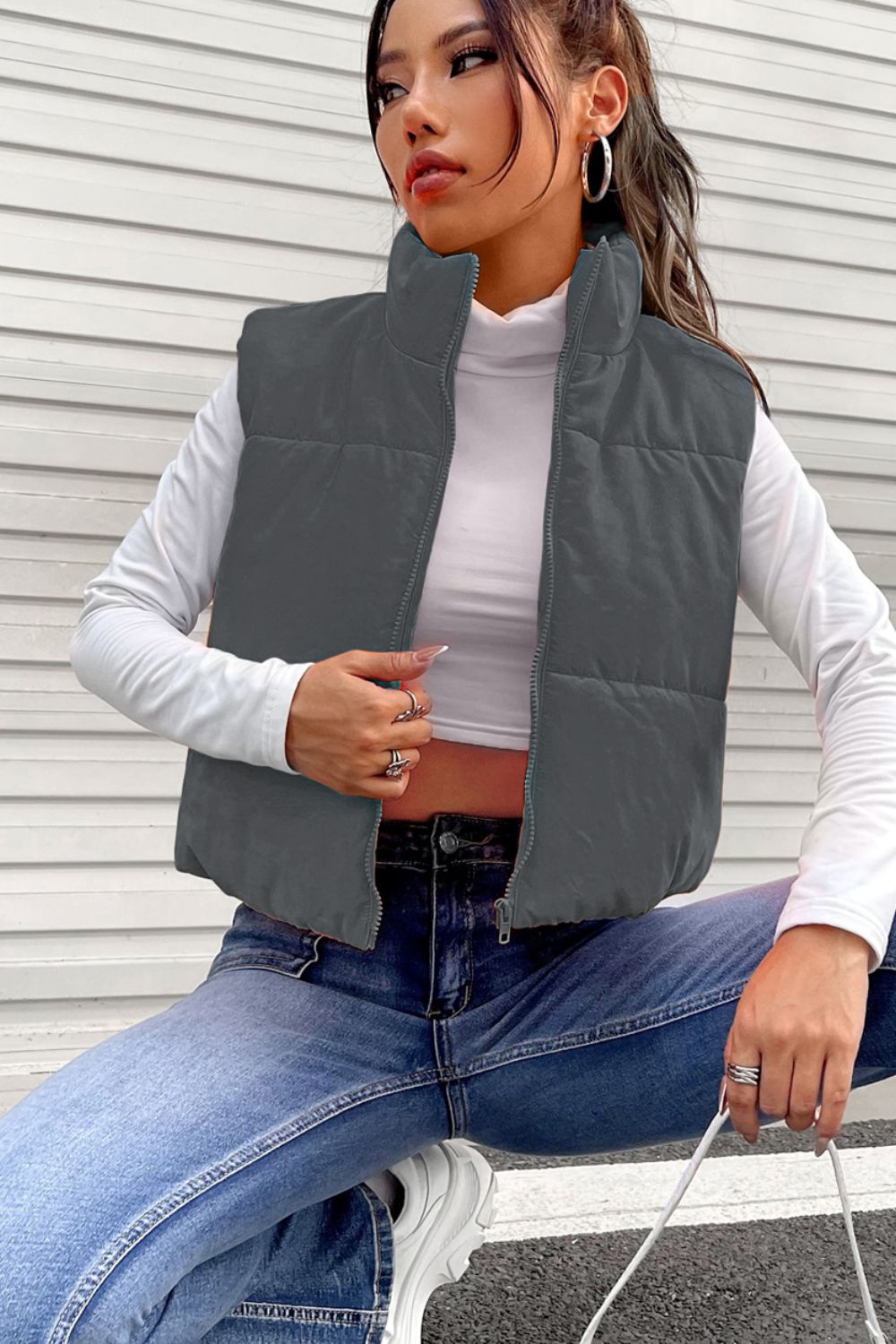 Zip Up Turtleneck Vest Coat - Tantalize Boutique