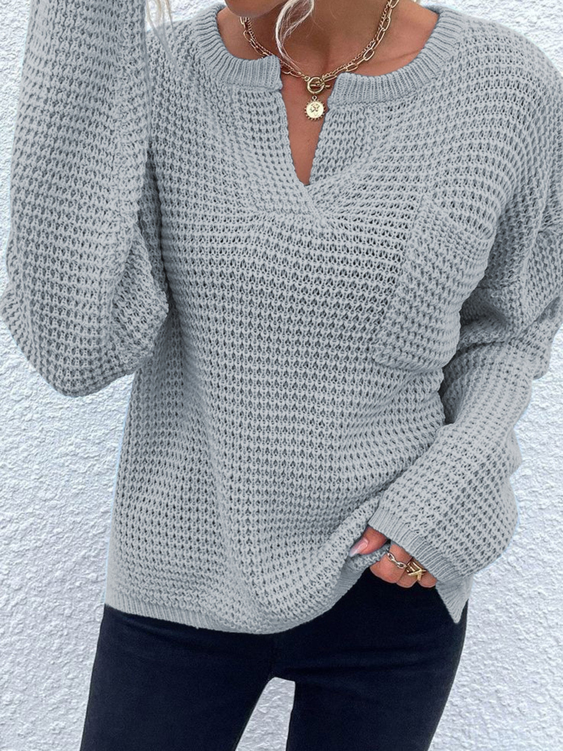 Notched Long Sleeve Sweater - Tantalize Boutique
