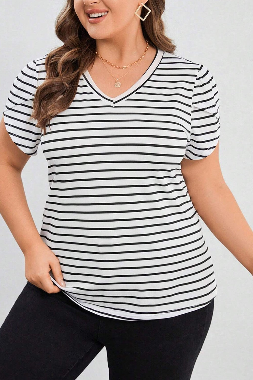 Plus Size Striped V-Neck Short Sleeve T-Shirt - Tantalize Boutique
