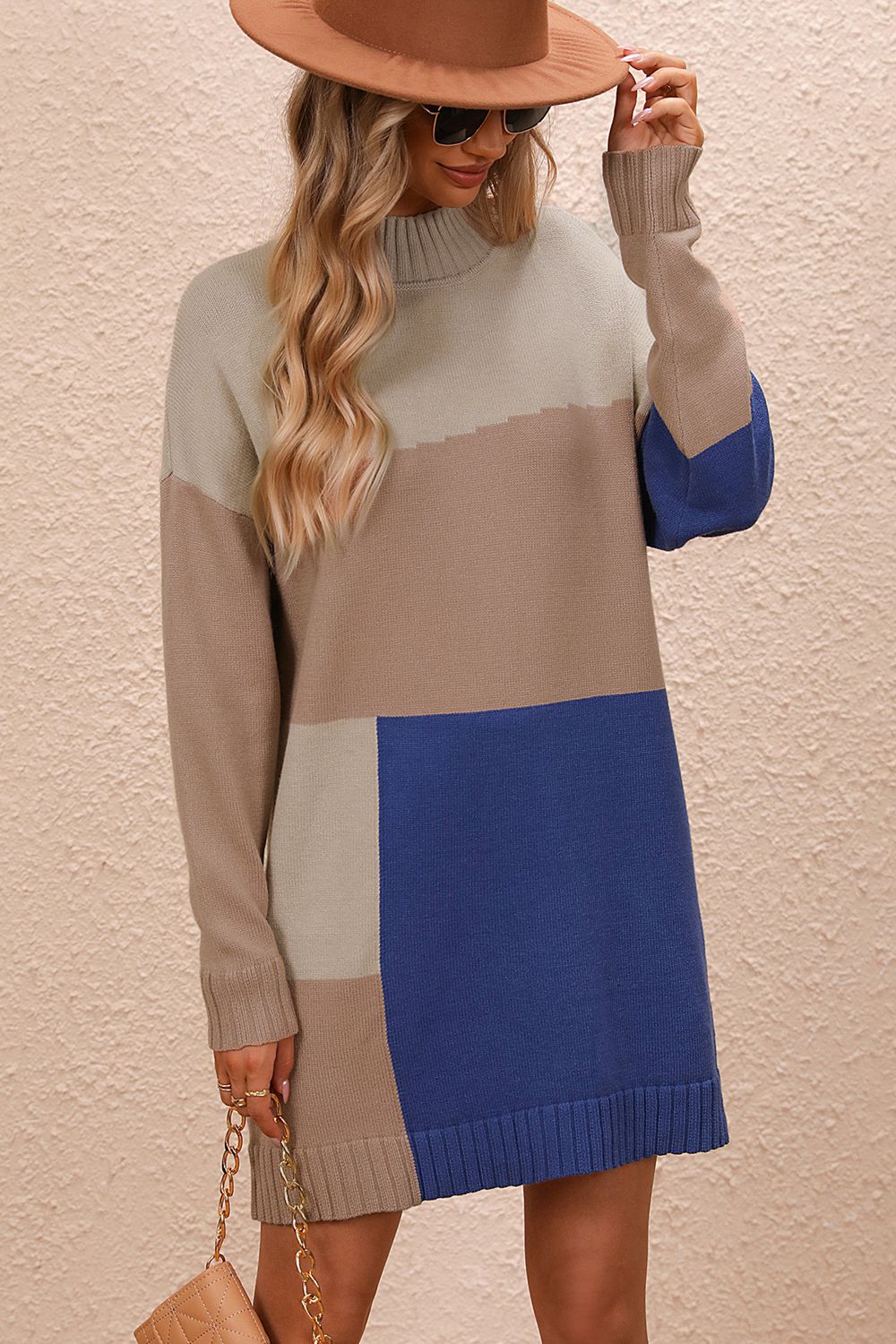 Color Block Mock Neck Dropped Shoulder Sweater Dress - Tantalize Boutique