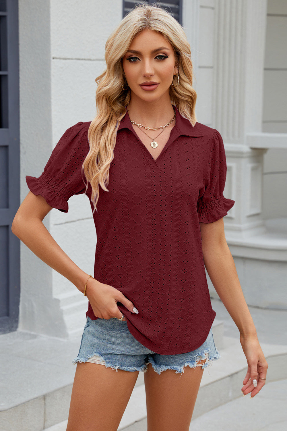 Eyelet Johnny Collar Short Sleeve Blouse - Tantalize Boutique