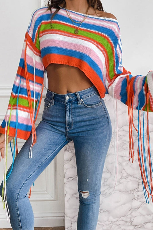 Fringe Striped Round Neck Knit Top - Tantalize Boutique