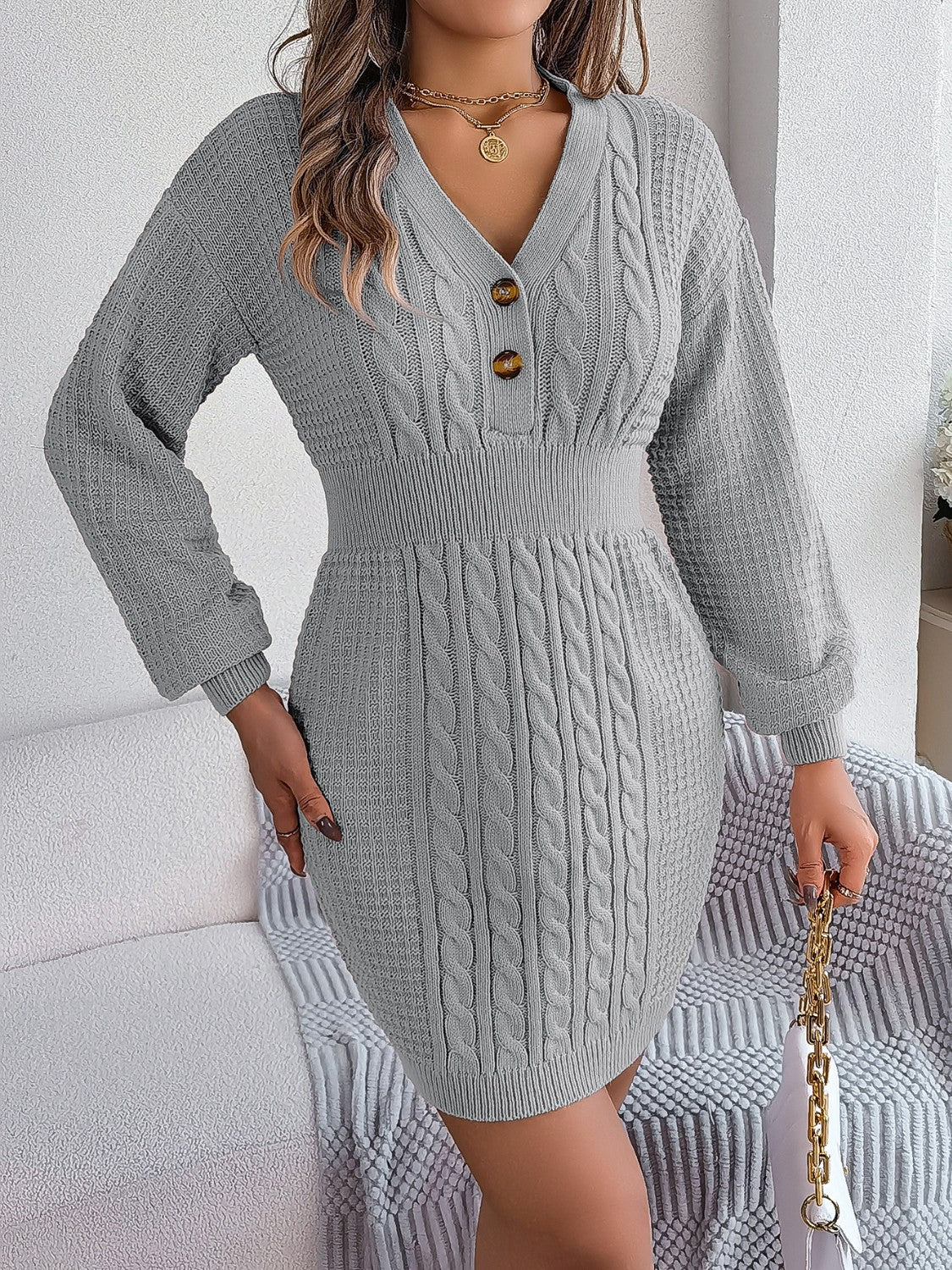 Buttoned Cable-Knit V-Neck Sweater Dress - Tantalize Boutique
