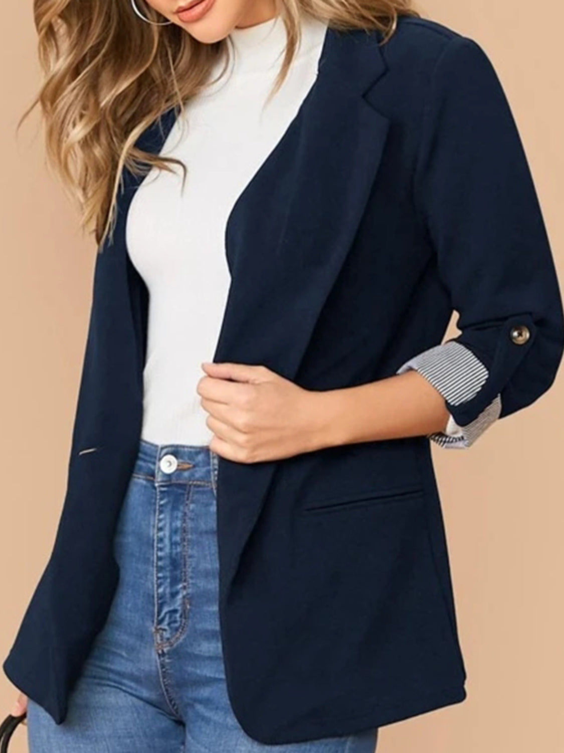 Lapel Collar Roll-Tab Sleeve Blazer - Tantalize Boutique