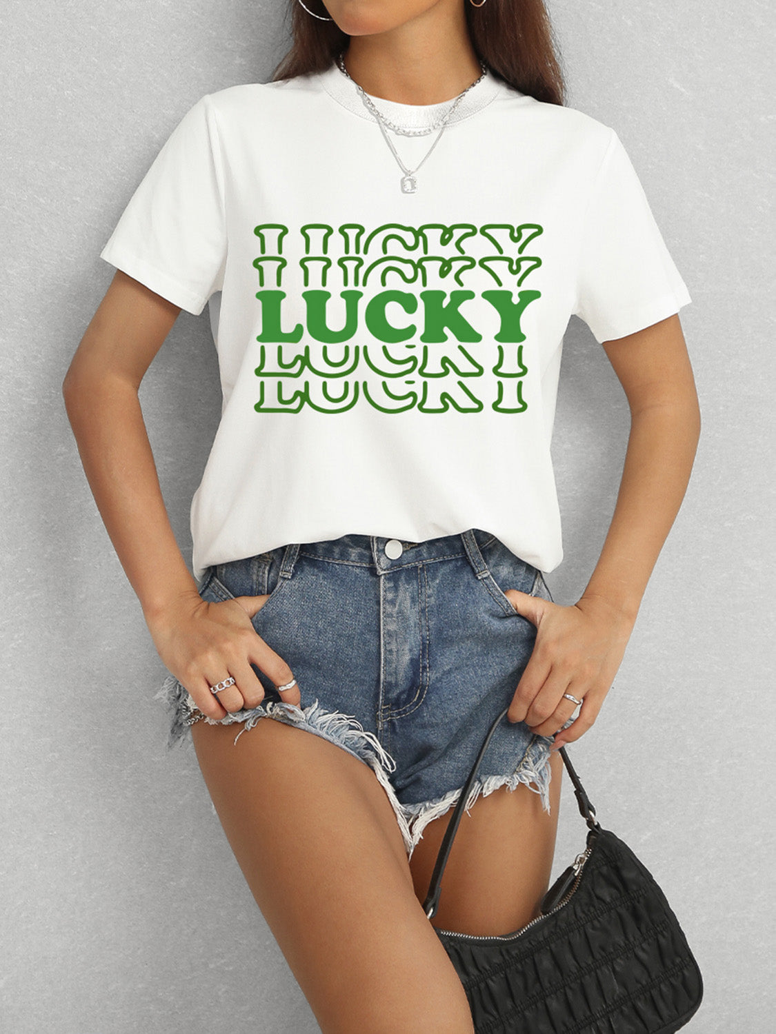 LUCKY Round Neck Short Sleeve T-Shirt - Tantalize Boutique
