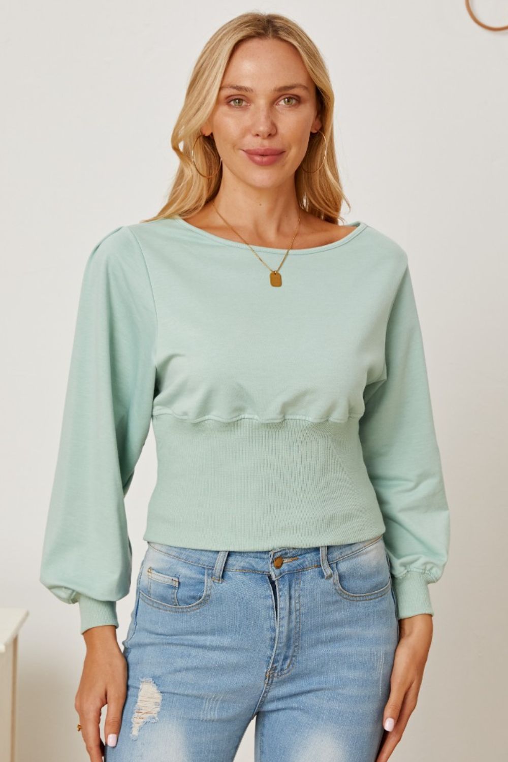 Boat Neck Lantern Sleeve Blouse - Tantalize Boutique