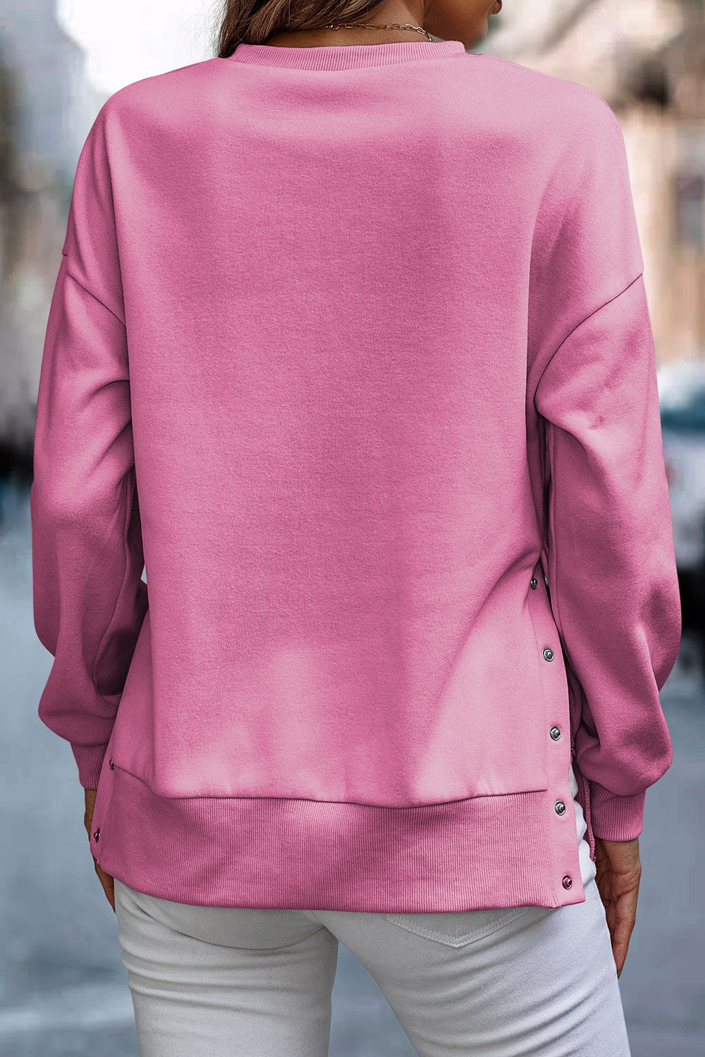 Snap Detail Round Neck Dropped Shoulder Sweatshirt - Tantalize Boutique